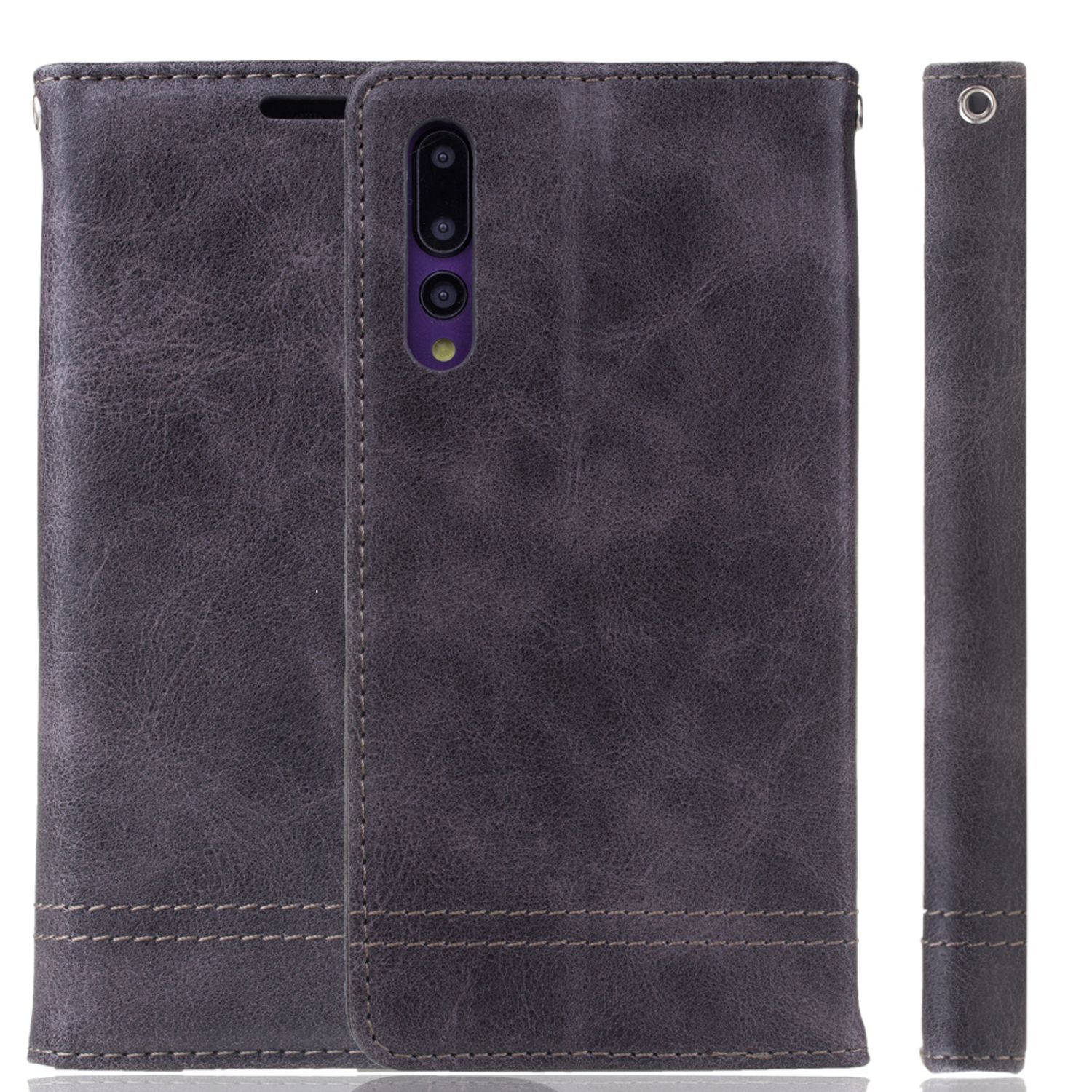 Graues Leder-Handycase, geschlossen. Es hat ein genähtes Design und einen Magnetverschluss. Seitenansicht.