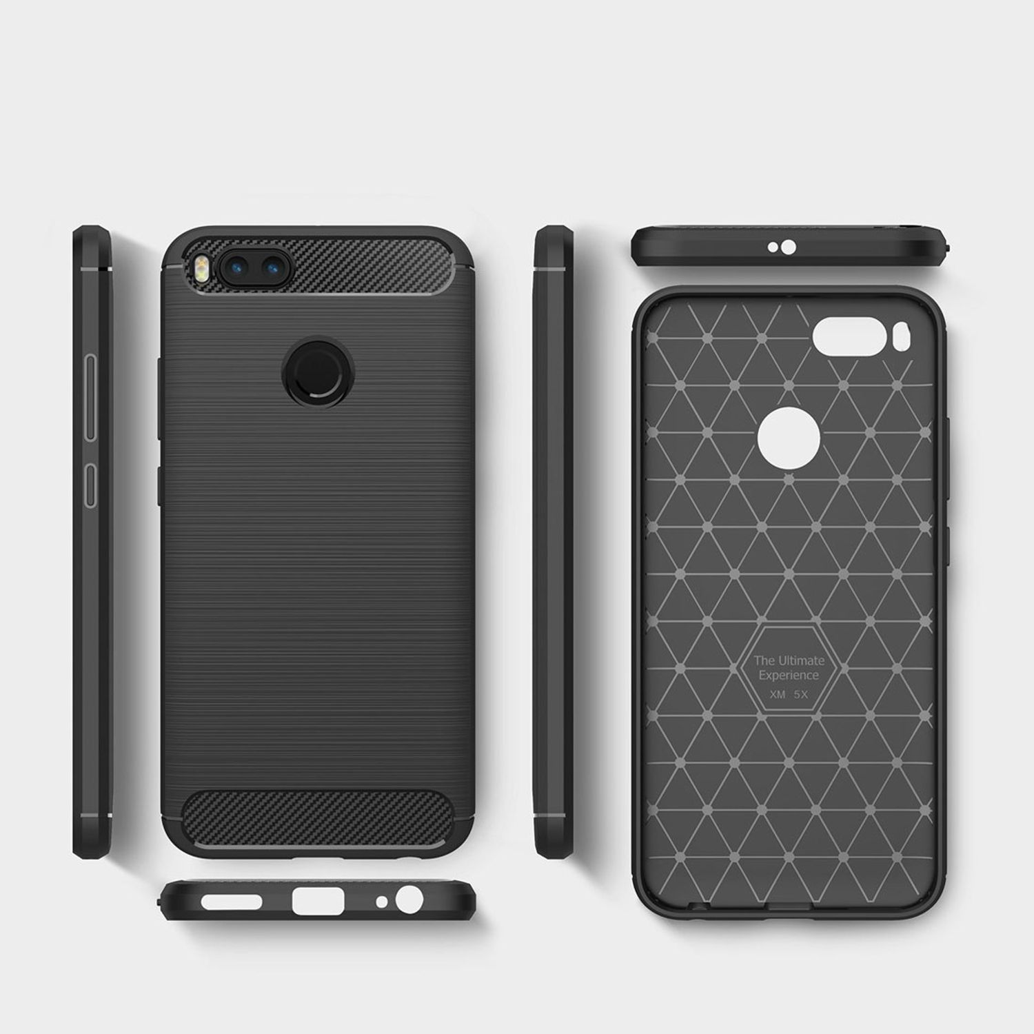 Schwarze Handyhülle in verschiedenen Ansichten. Die Hülle ist strukturiert, mit Carbonfaserdesign oben und unten.