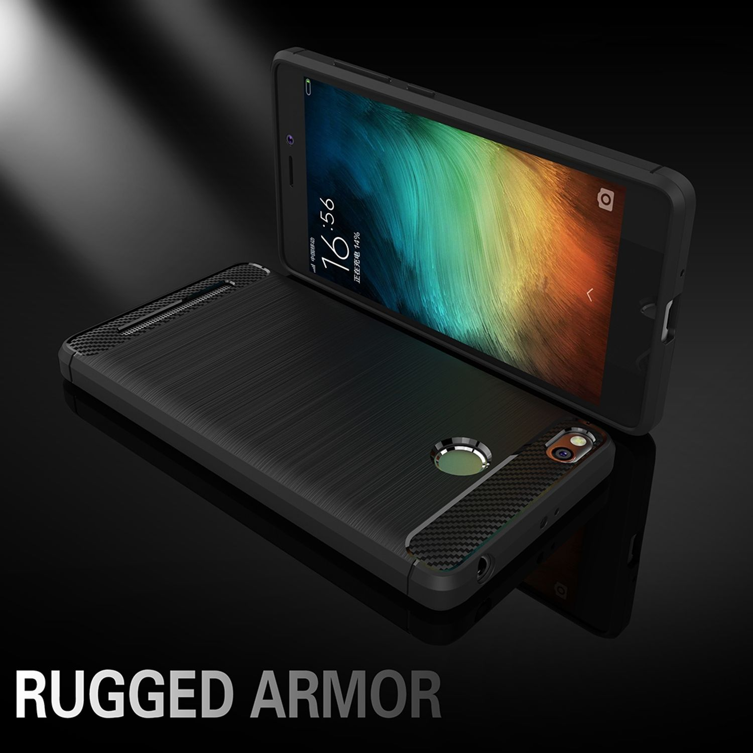 Schwarzes Telefon mit schwarzer Hülle, Text 'RUGGED ARMOR'. Telefon zeigt farbiges Bild.