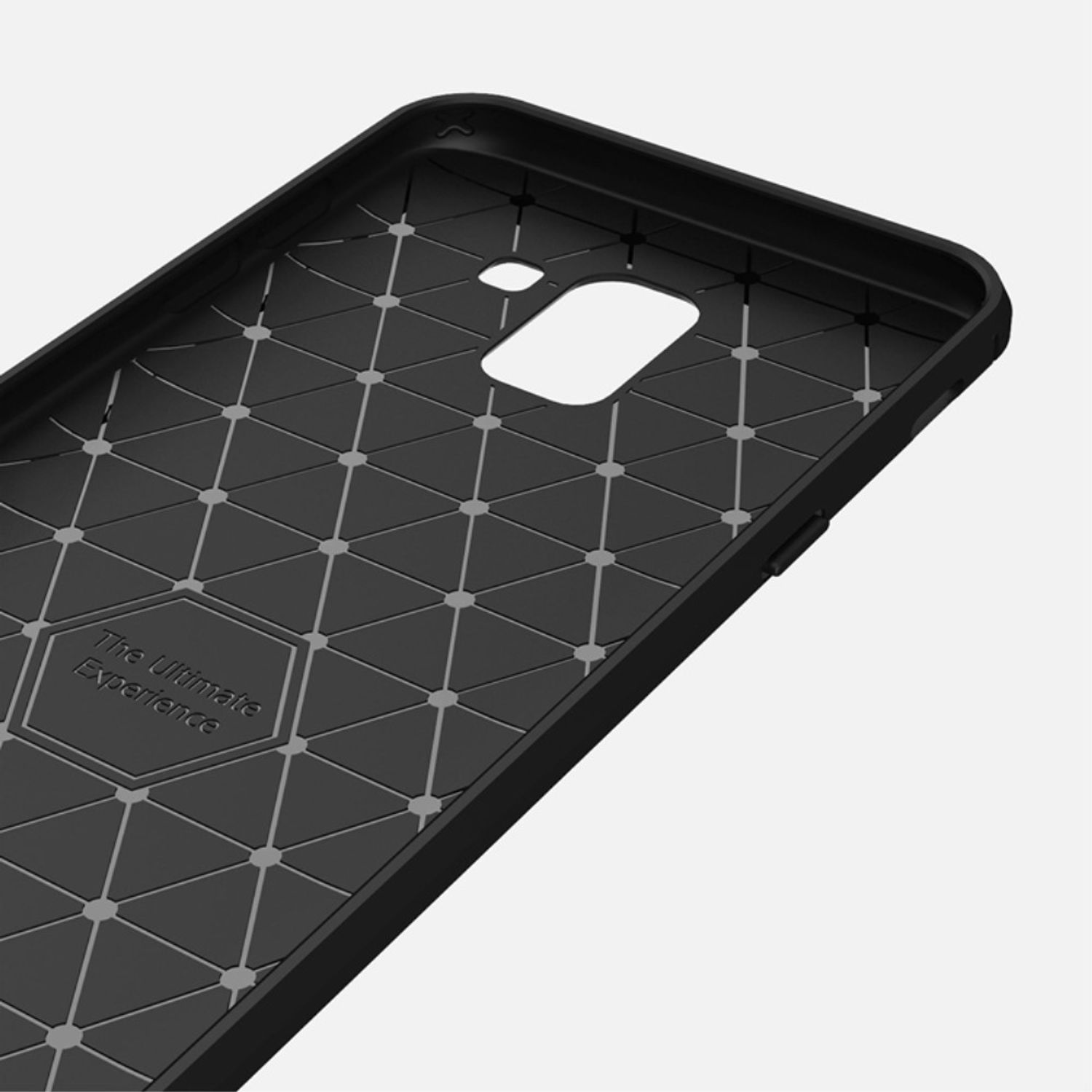 Schwarze Handyhülleninnenseite mit geometrischem Design. Grauer Hintergrund.