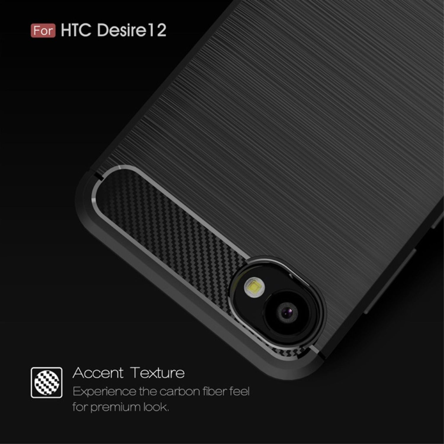 Schwarze Handyhülle mit Text 'For HTC Desire 12'. Zeigt strukturierte Rückseite. Weißer Hintergrund.