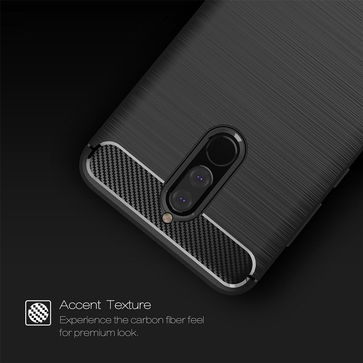 Schwarze Handyhülle mit Carbonfaser-Textur. Die Hülle hat einen Kameraausschnitt. Text sagt 'Accent Texture'.