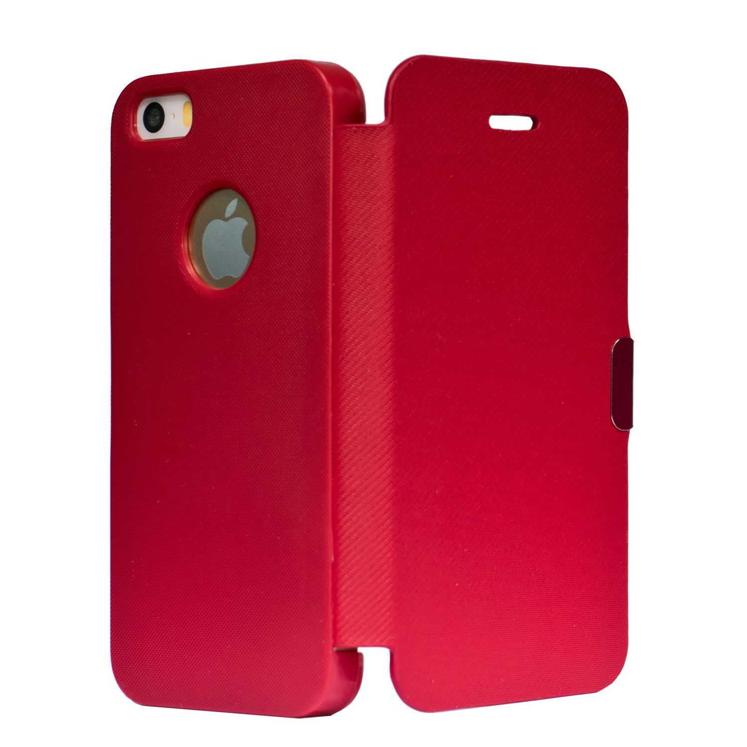 Rote Handyhülle, geöffnet, zeigt die Innenseite eines iPhones.