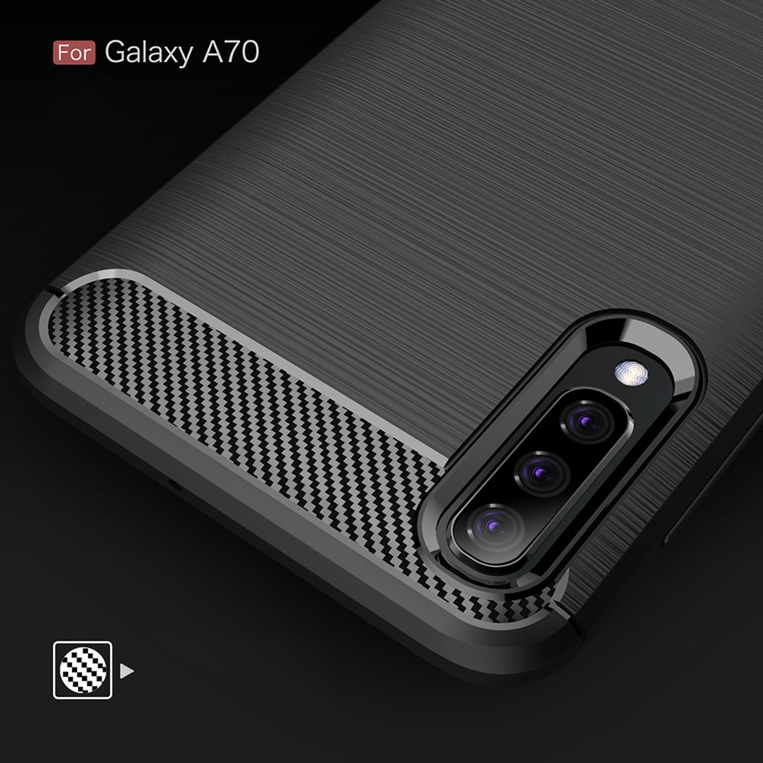 Handyhülle mit schwarzem Karbonfaser-Design und Galaxy A70 Text.