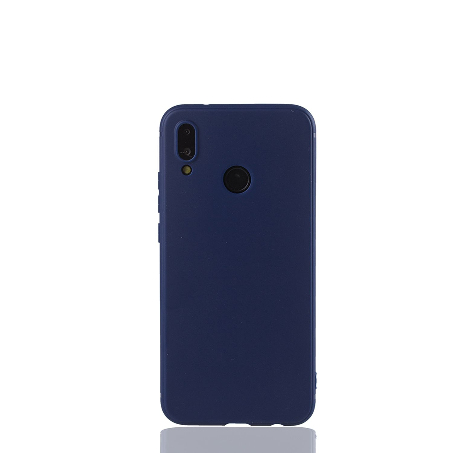 Blaues Telefon, in Hülle. Weißer Hintergrund.