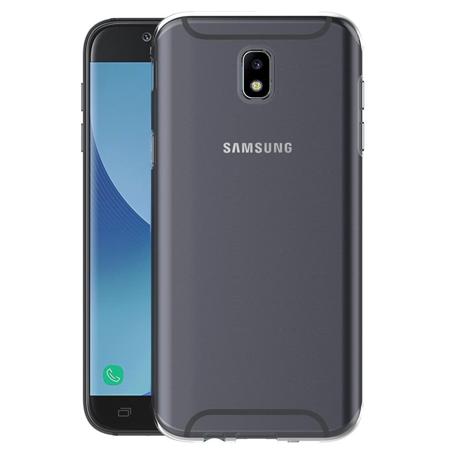 Samsung-Telefon in transparentem Gehäuse, weißer Hintergrund.