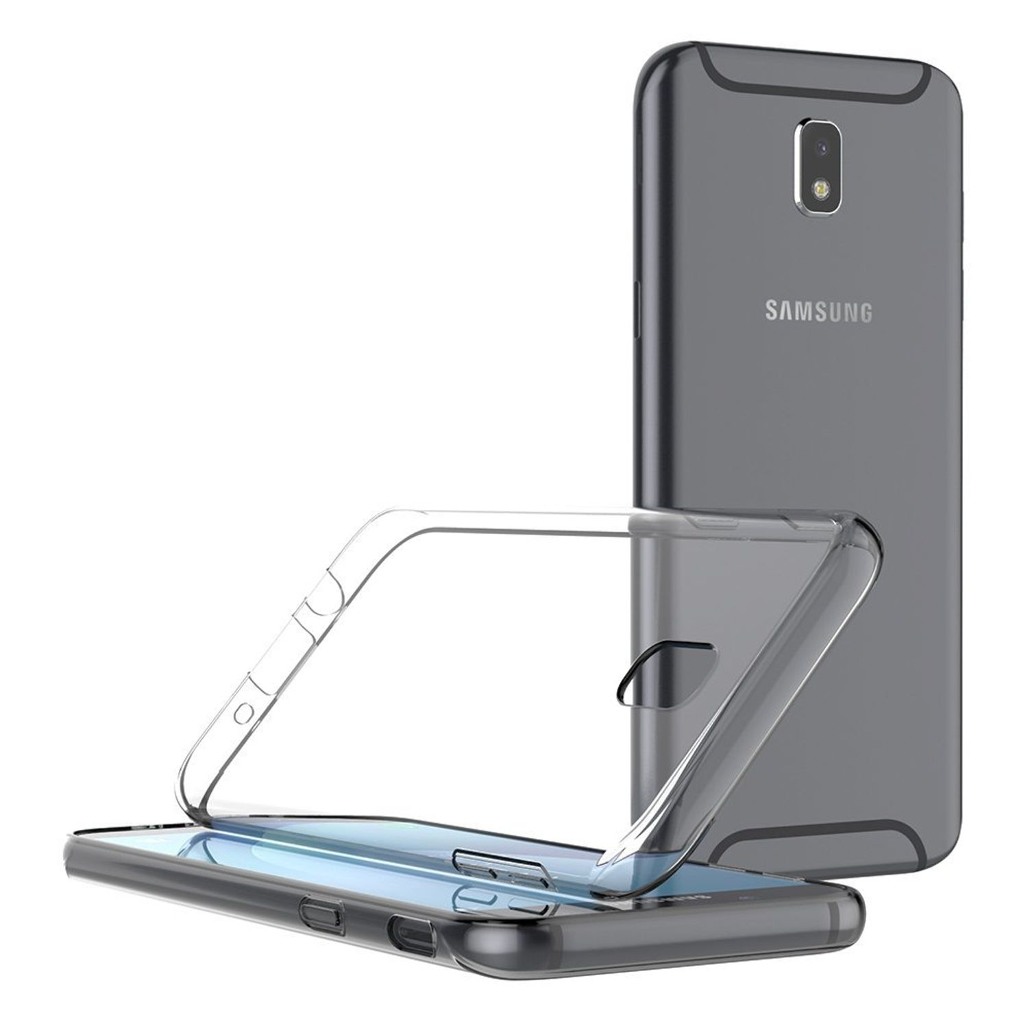 Transparente Handyhülle mit grauem Telefon. Die Hülle ist auf weißem Hintergrund geöffnet. Samsung-Logo sichtbar.