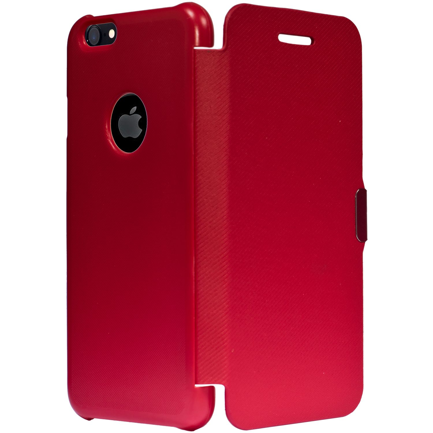 Eine rote Handyhülle, offen, mit dem Apple-Logo des Telefons. Die Hülle ist im Folio-Stil gehalten.