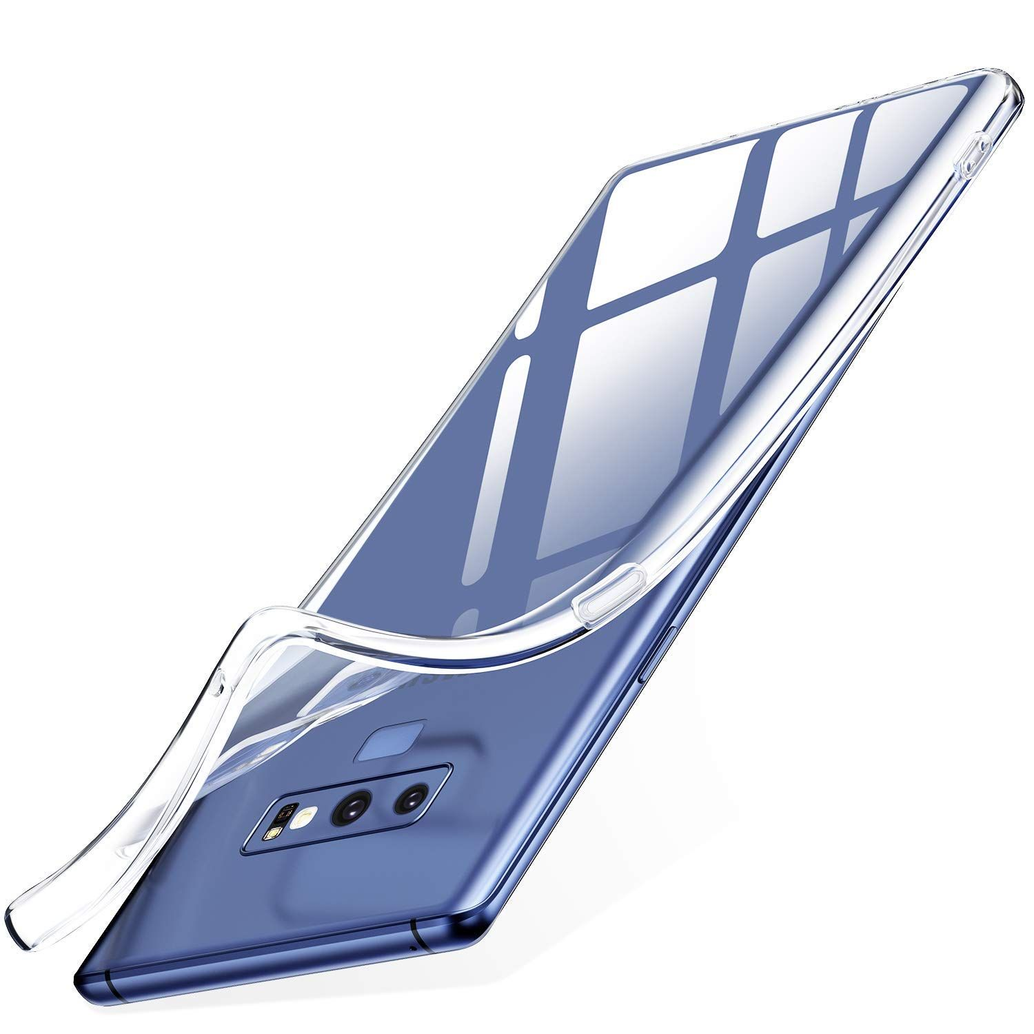Transparente Handyhülle auf blauem Telefon, angewinkelt.