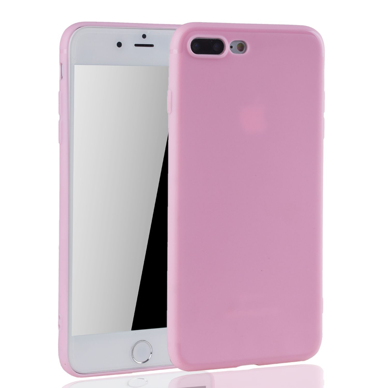 Rosa Handyhülle neben einem Handy. Hülle ist offen, zeigt den Bildschirm. Weißer Hintergrund.