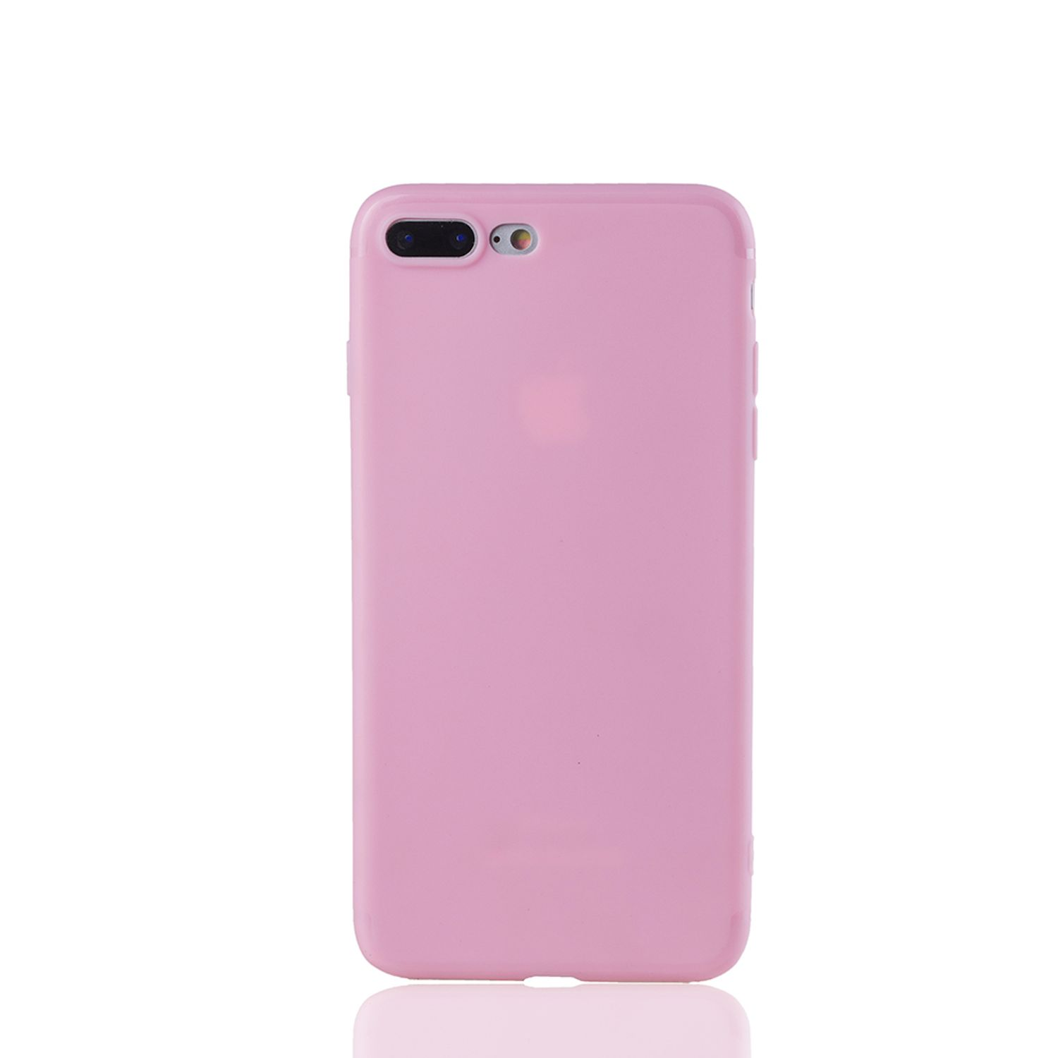 Pinkfarbene Handyhülle, die Rückseite des Telefons. Weißer Hintergrund.