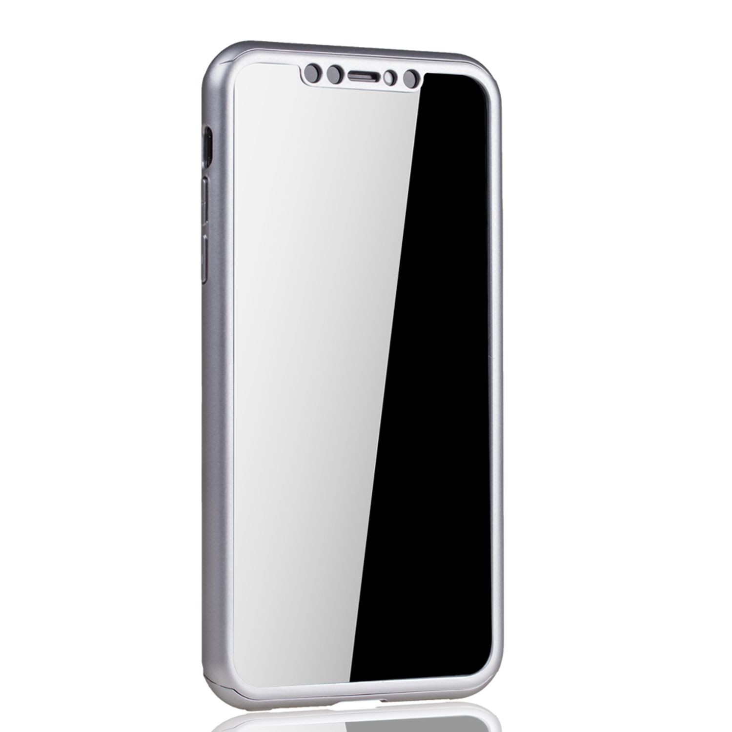 Ein Telefon in einer silbernen, reflektierenden Hülle. Der Bildschirm des Telefons ist schwarz.