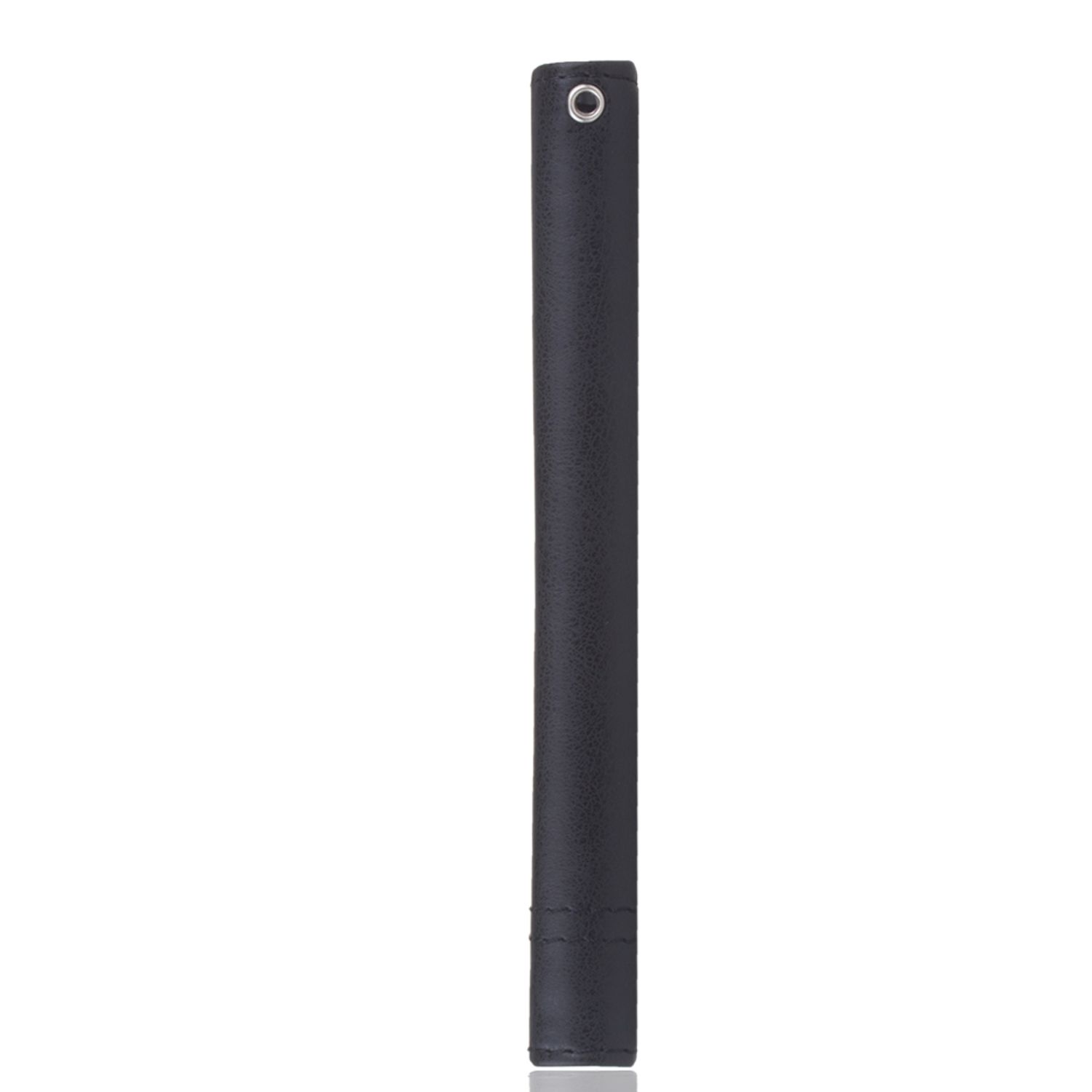 Schwarze Handyhülle, lang und schlank. Es ist eine Hülle für ein Telefon, mit einem Loch oben.