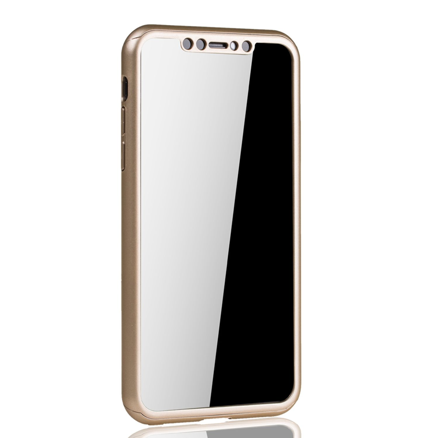 Goldenes Telefon mit glänzendem schwarzem Bildschirm. Es hat eine Kamera und Sensoren oben.