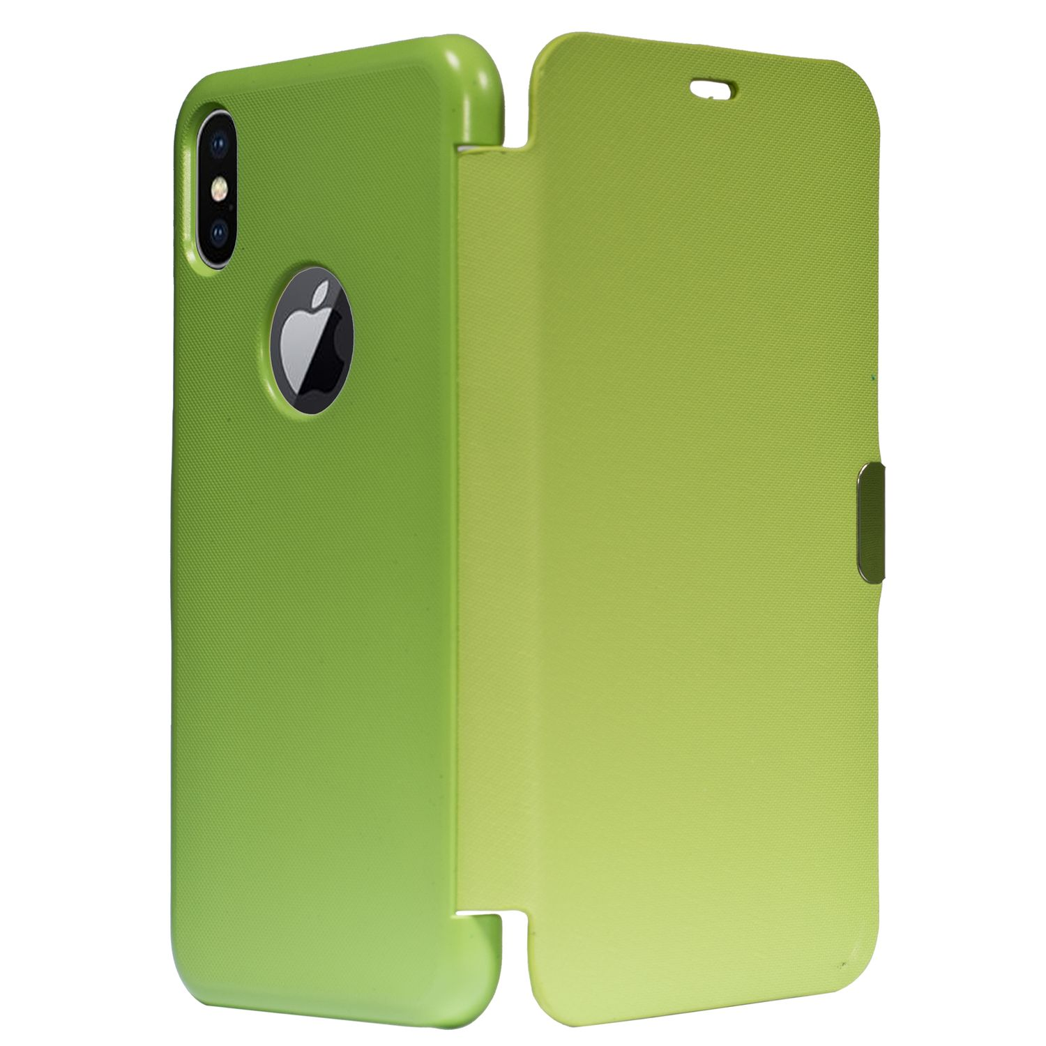 Grüne Handyhülle mit dem Apple-Logo. Die Hülle ist geöffnet.