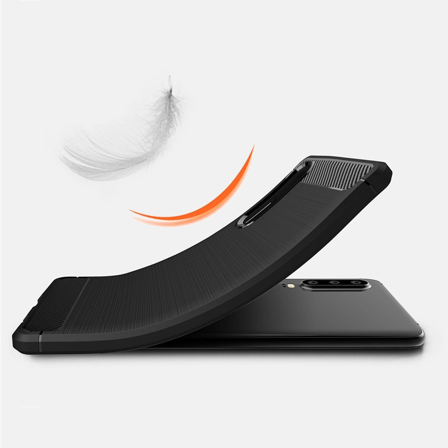 Eine schwarze Handyhülle mit modernem Design und einer fallenden Feder auf weißem Hintergrund.