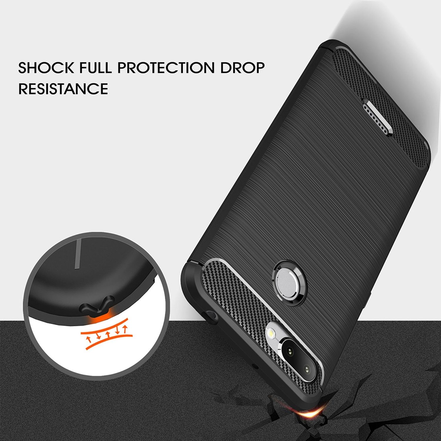 Schwarze Handyhülle auf weißem Hintergrund. Text: SHOCK FULL PROTECTION DROP RESISTANCE. Nahaufnahme.