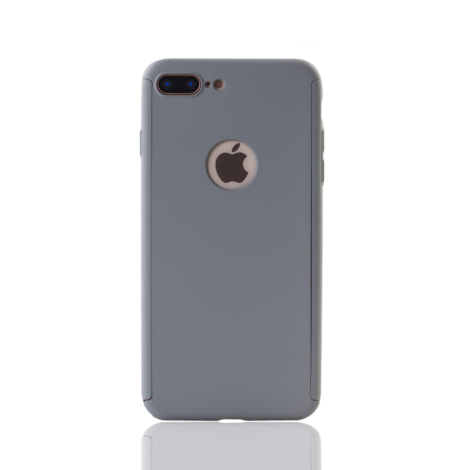 Graue Handyhülle mit Apple-Logo auf weißem Hintergrund.