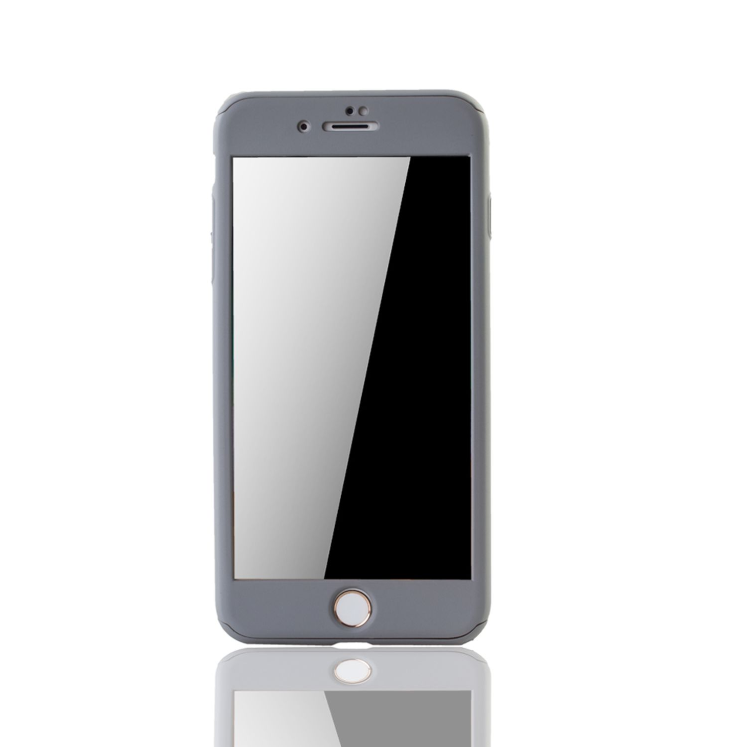 Graues Smartphone mit schwarzem Bildschirm, auf weißem Hintergrund. Spiegelung unten.