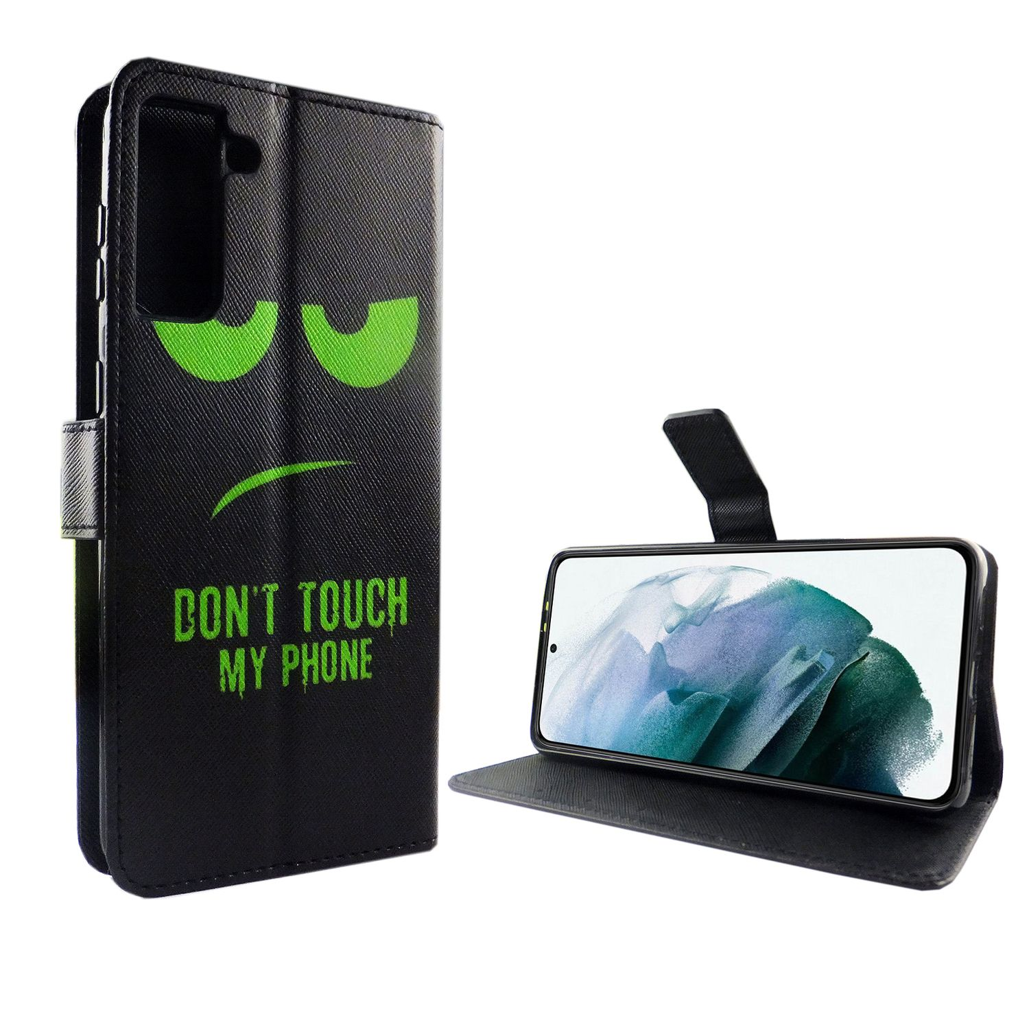 Schwarze Handyhülle mit Gesicht und Text: BERÜHREN SIE MEIN TELEFON NICHT. Das Telefon wird präsentiert.