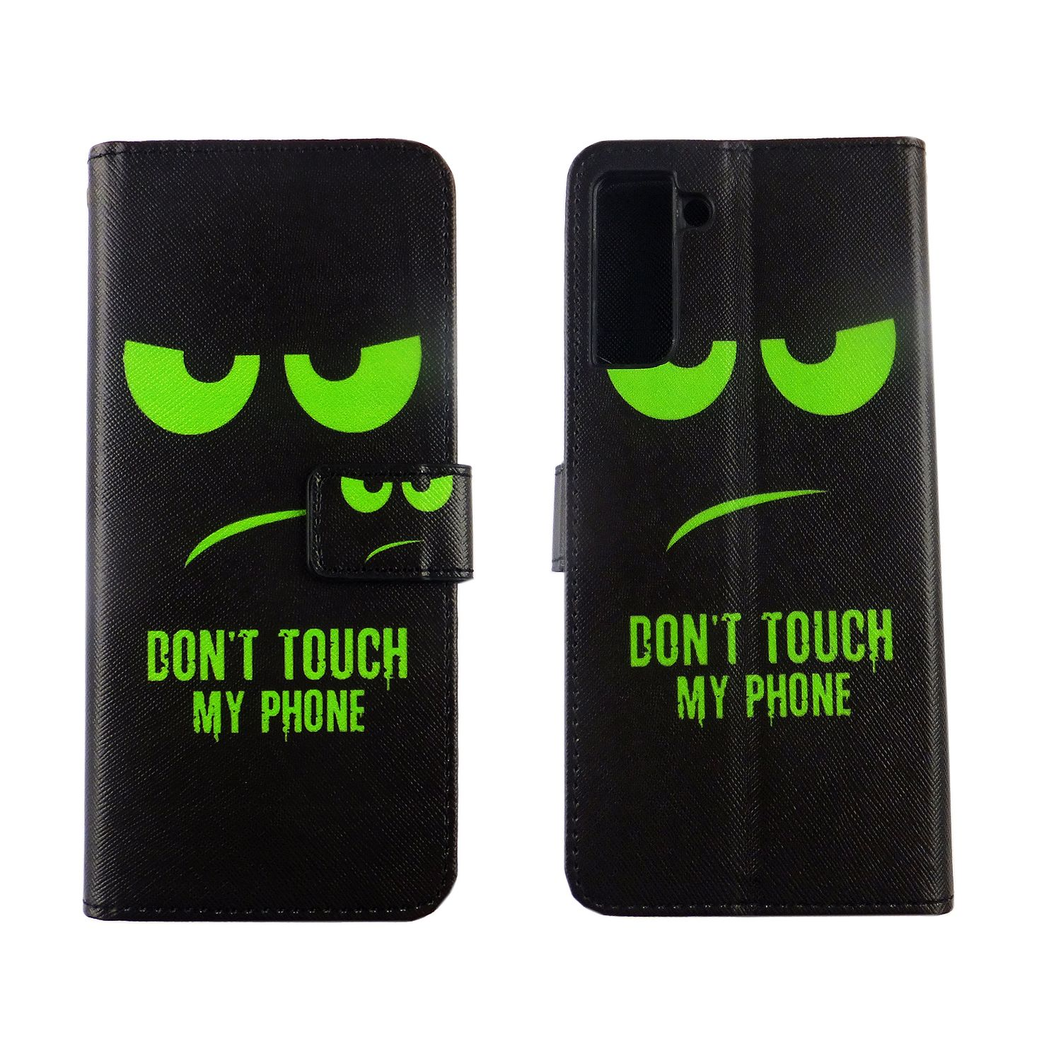 Schwarze Handyhülle mit grünen, wütenden Gesichtern. Text: „FASS MEIN TELEFON NICHT AN“.