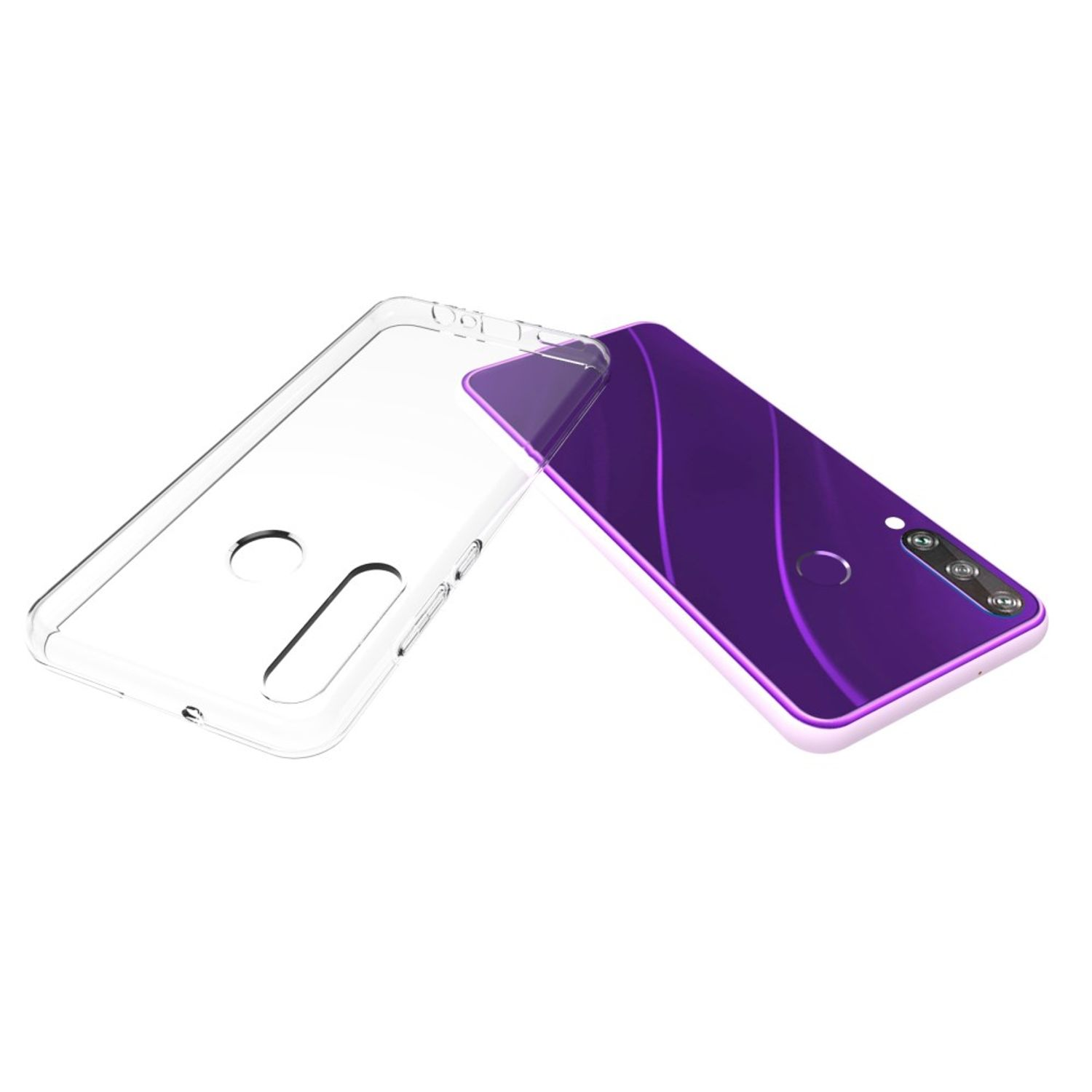 Eine Handyhülle und ein Telefon. Die Hülle ist transparent, das Telefon ist lila.