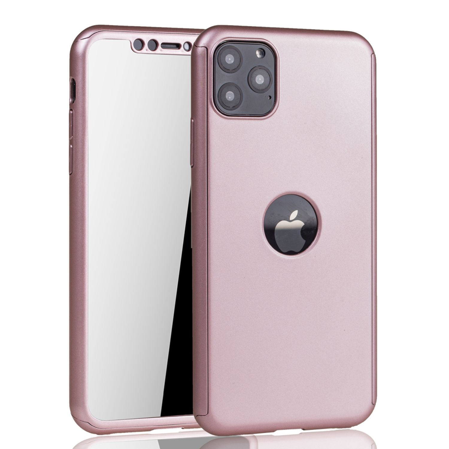 Rosa Handyhülle mit Kamera und Apple-Logo. Eine Displayschutzfolie steht daneben.