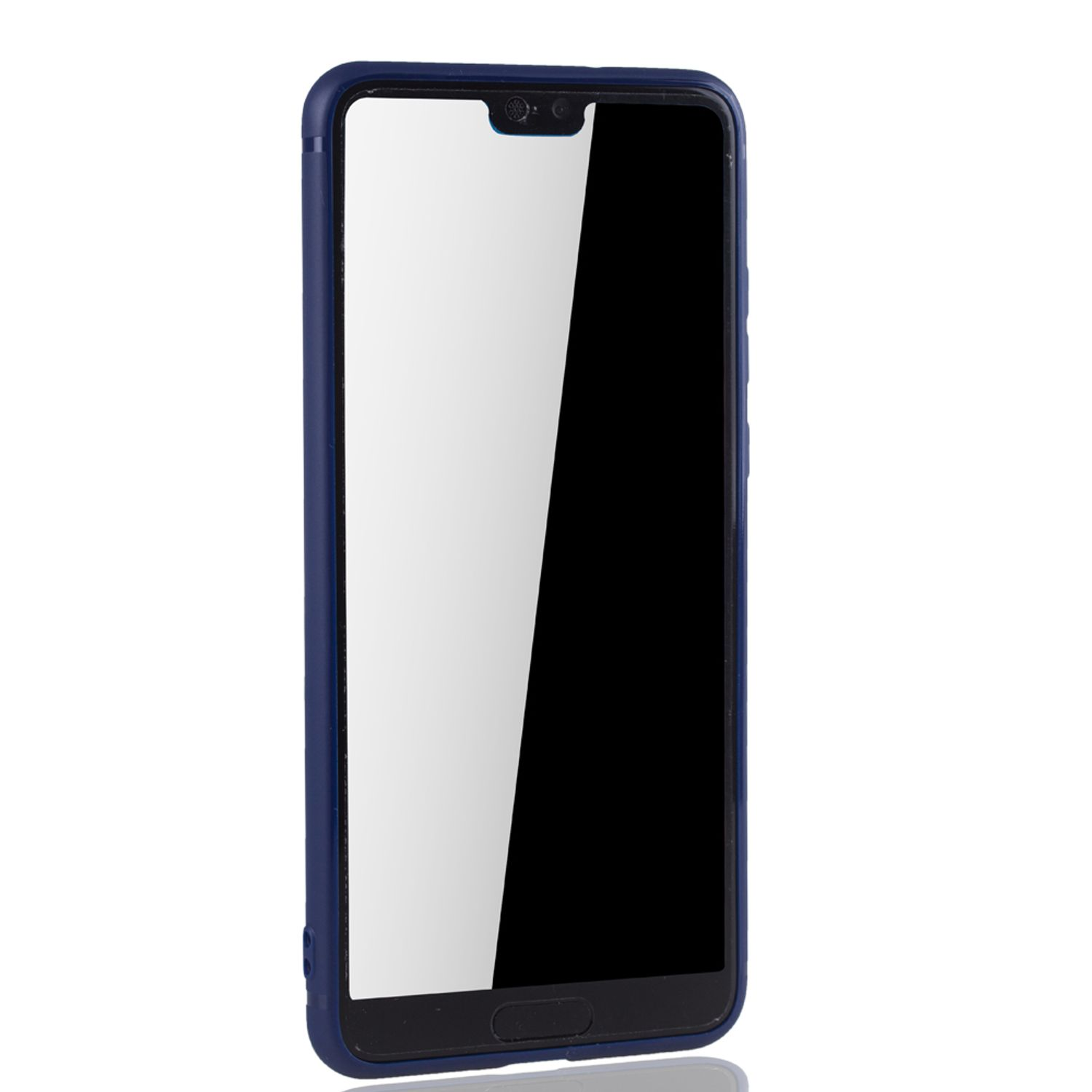Blaue Handyhülle mit schwarzem Bildschirm, weißer Hintergrund. Das Telefon befindet sich in der Hülle.
