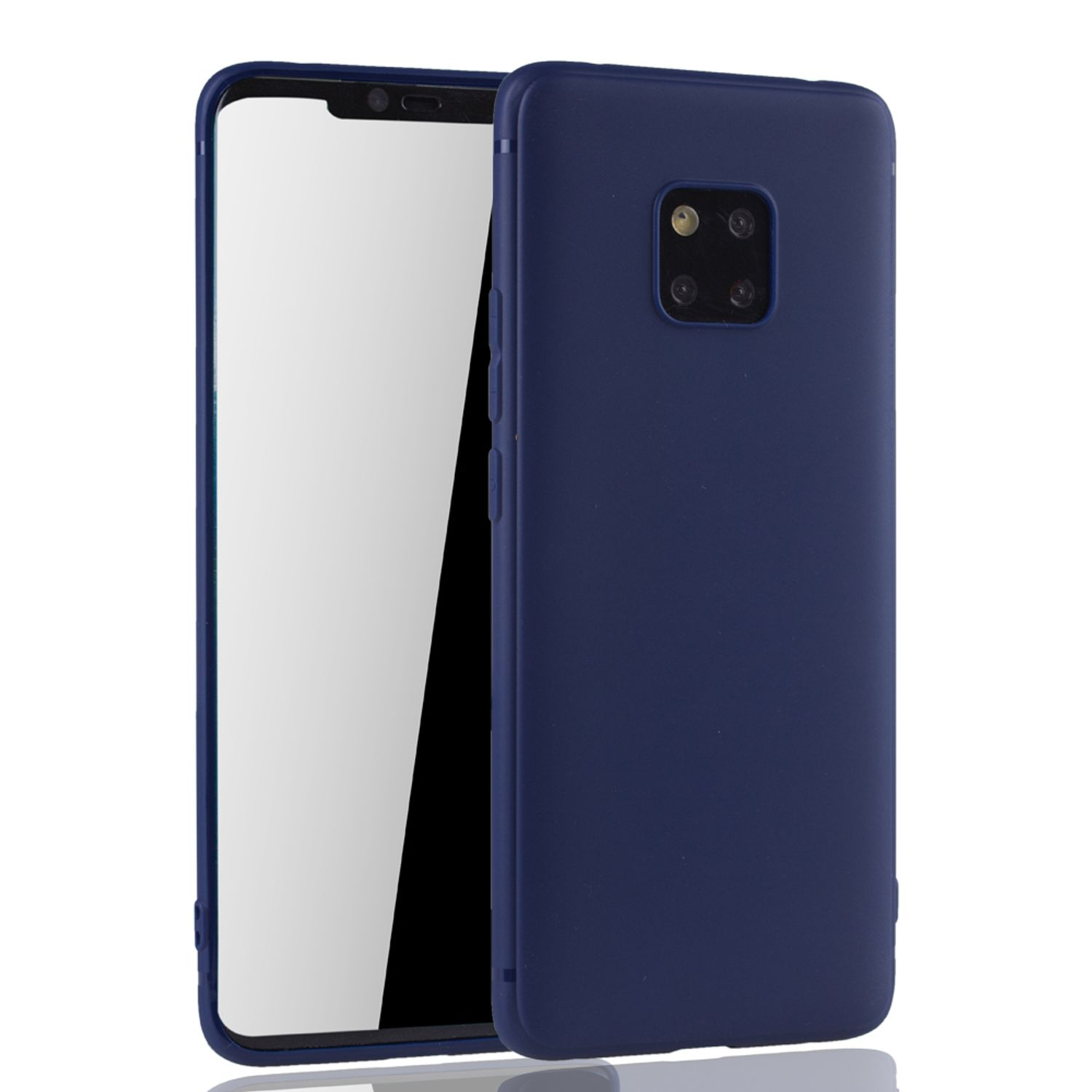 Zwei marineblaue Handyhüllen, eine offen, die das Telefon zeigt, vor weißem Hintergrund.