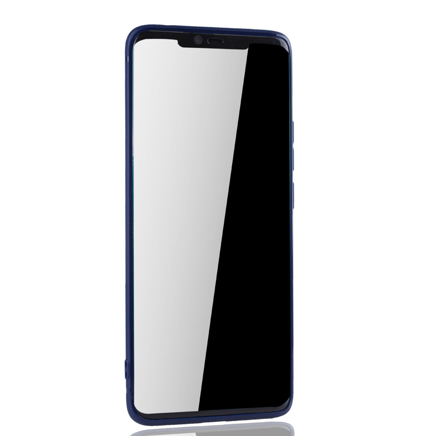 Ein Smartphone mit blauem Gehäuse wird aufrecht gezeigt. Der Bildschirm ist schwarz, der Rahmen blau.