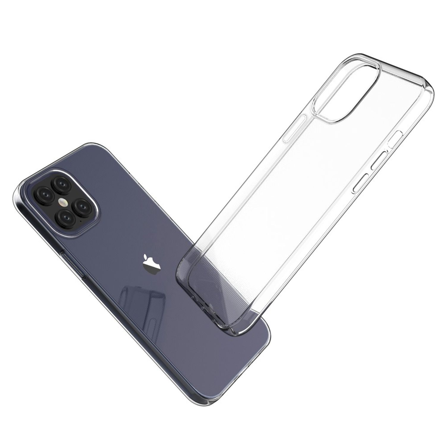Ein Telefon und eine transparente Hülle. Das Telefon ist dunkelblau. Die Hülle ist transparent.