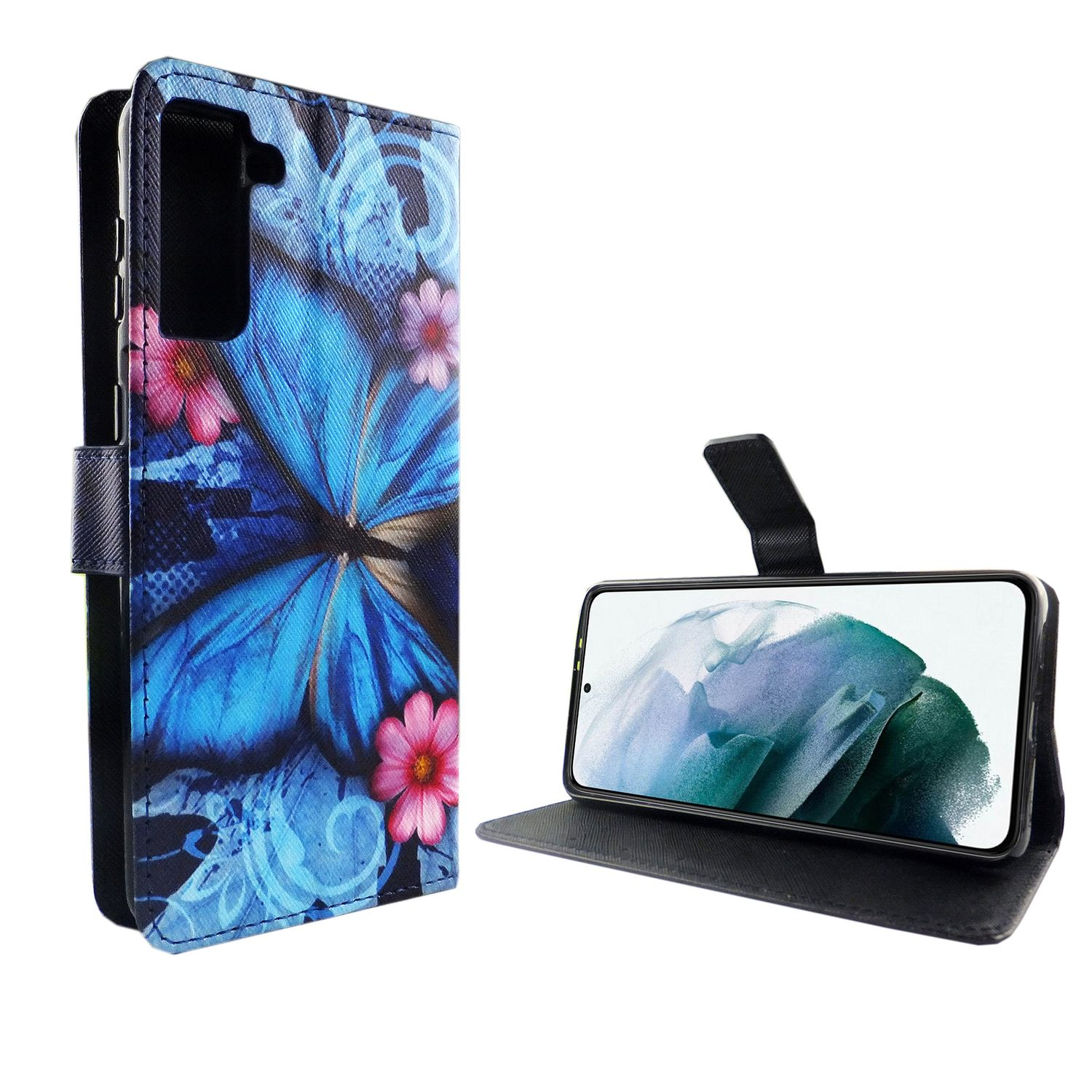 Telefon in einer blauen Schmetterlingshülle, geöffnet, um das Telefon anzuzeigen. Weißer Hintergrund.