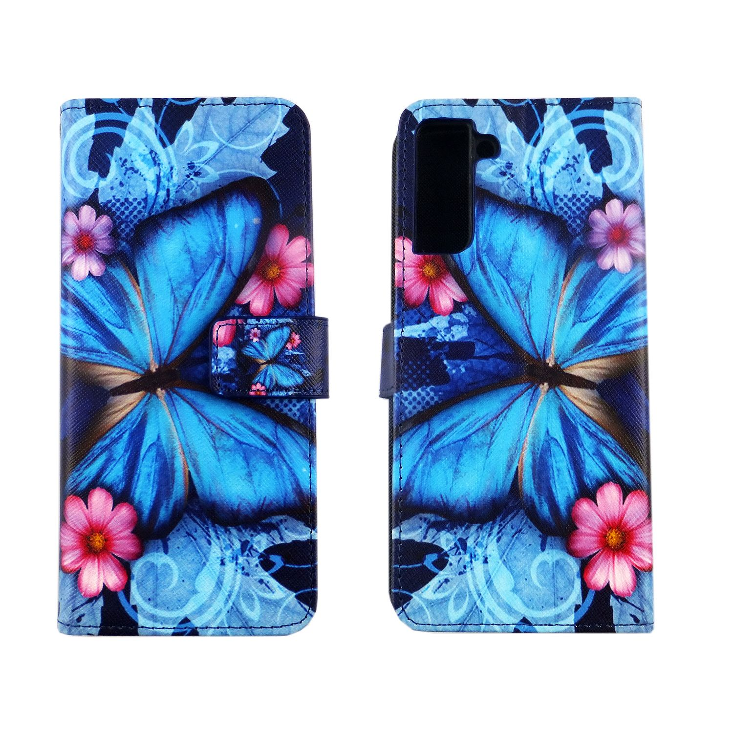 Eine blaue Handyhülle. Sie hat ein Schmetterlingsdesign mit rosa Blumen. Sie ist offen und zeigt das Telefon im Inneren.