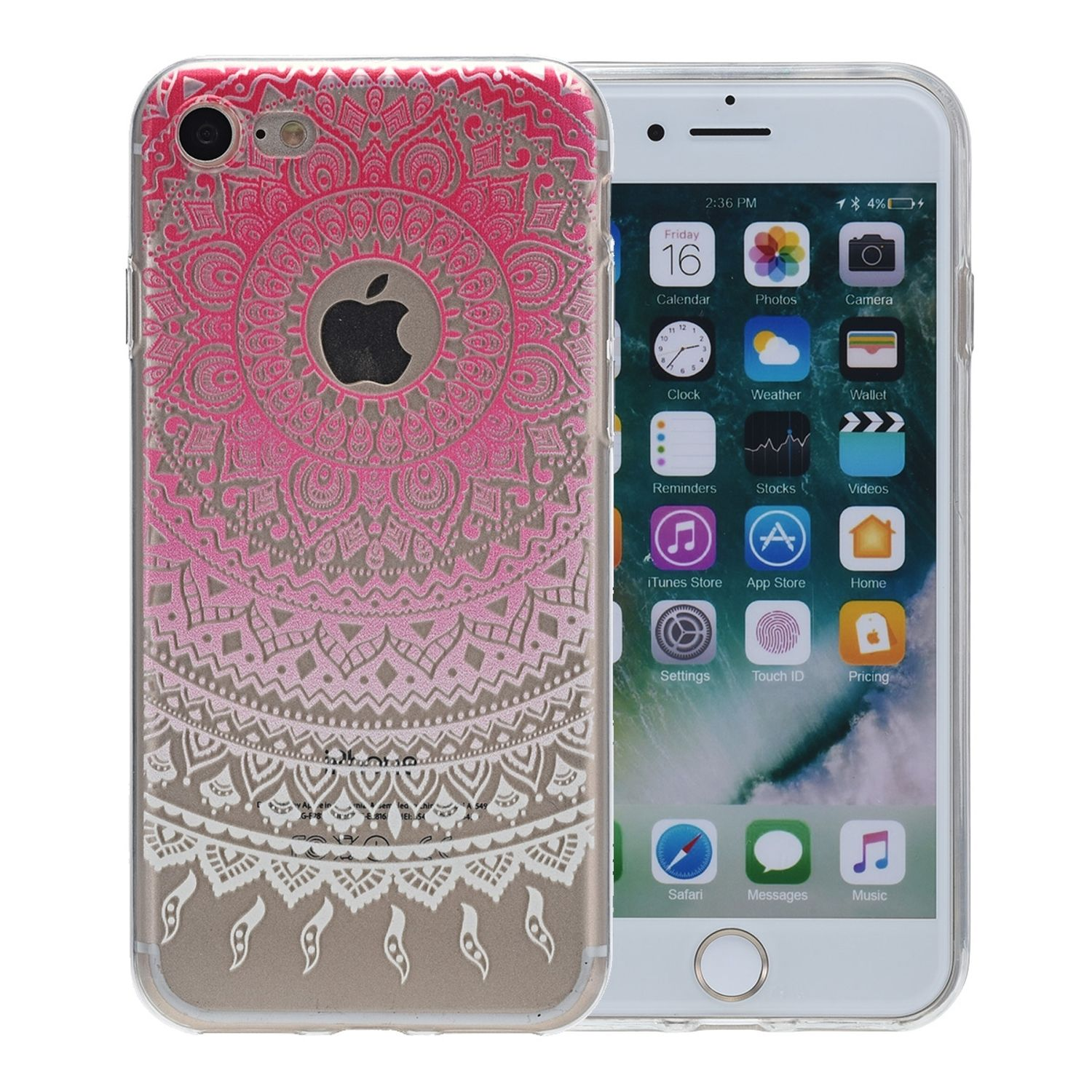 Telefon in rosa-weißer Hülle. Rosa Design. Weißer Hintergrund.