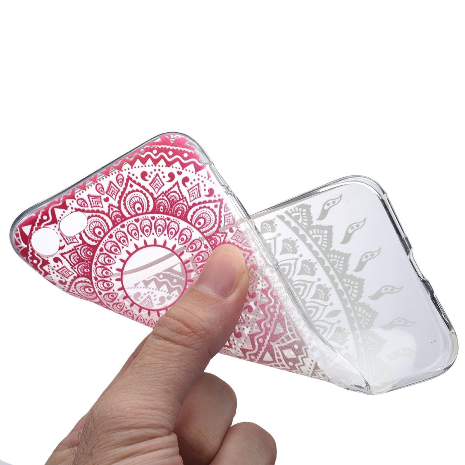 Hand hält eine transparente Handyhülle mit rotem und weißem Blumendesign.