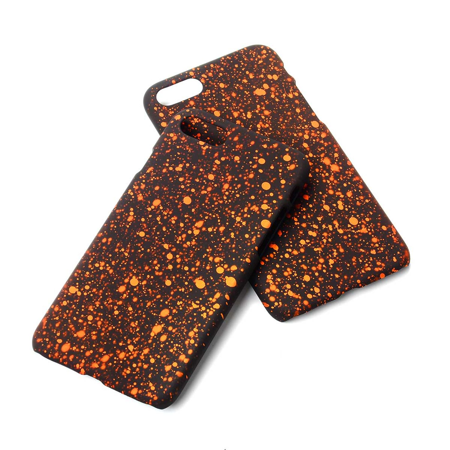 Orange und schwarze Handyhüllen mit orangefarbenem Spritzmuster.
