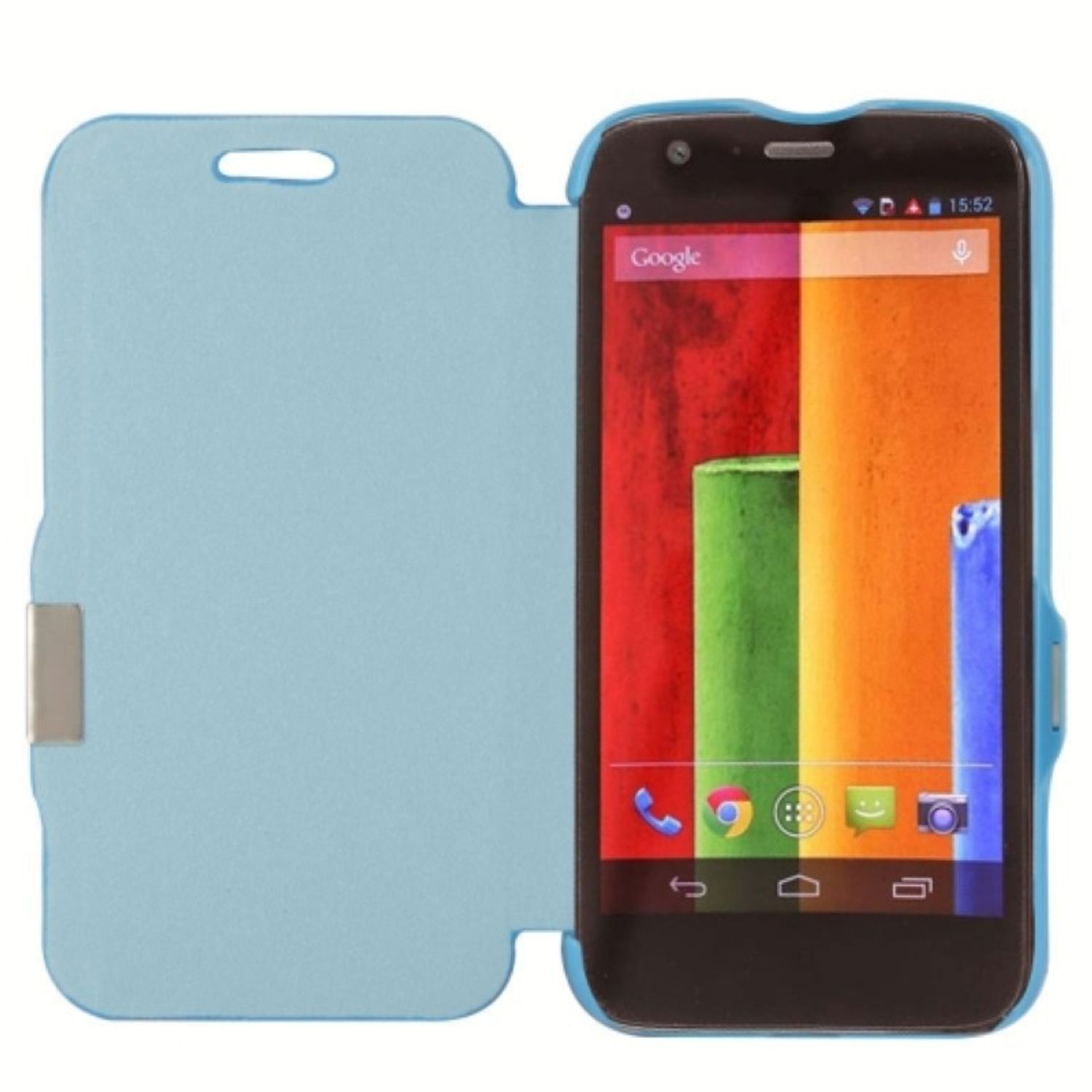 Telefon in hellblauer Hülle, offen, mit farbigem Bildschirm. Google-Logo sichtbar.