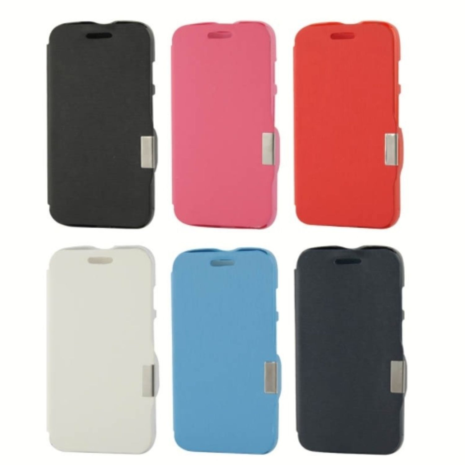 Sechs Handyhüllen in verschiedenen Farben: schwarz, rosa, rot, weiß, blau und marineblau.
