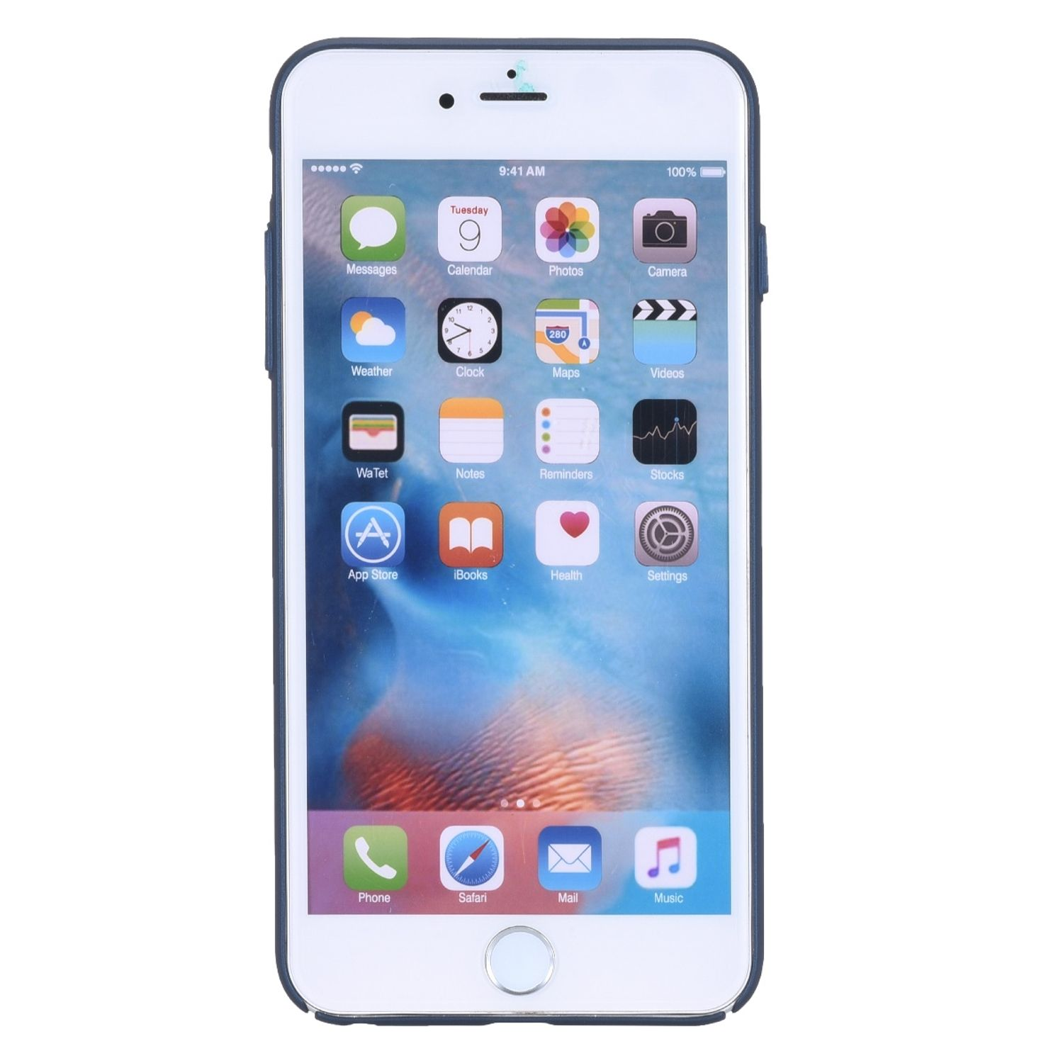 Weißes iPhone in einem blauen Gehäuse. Der Bildschirm zeigt den Startbildschirm mit mehreren App-Symbolen.