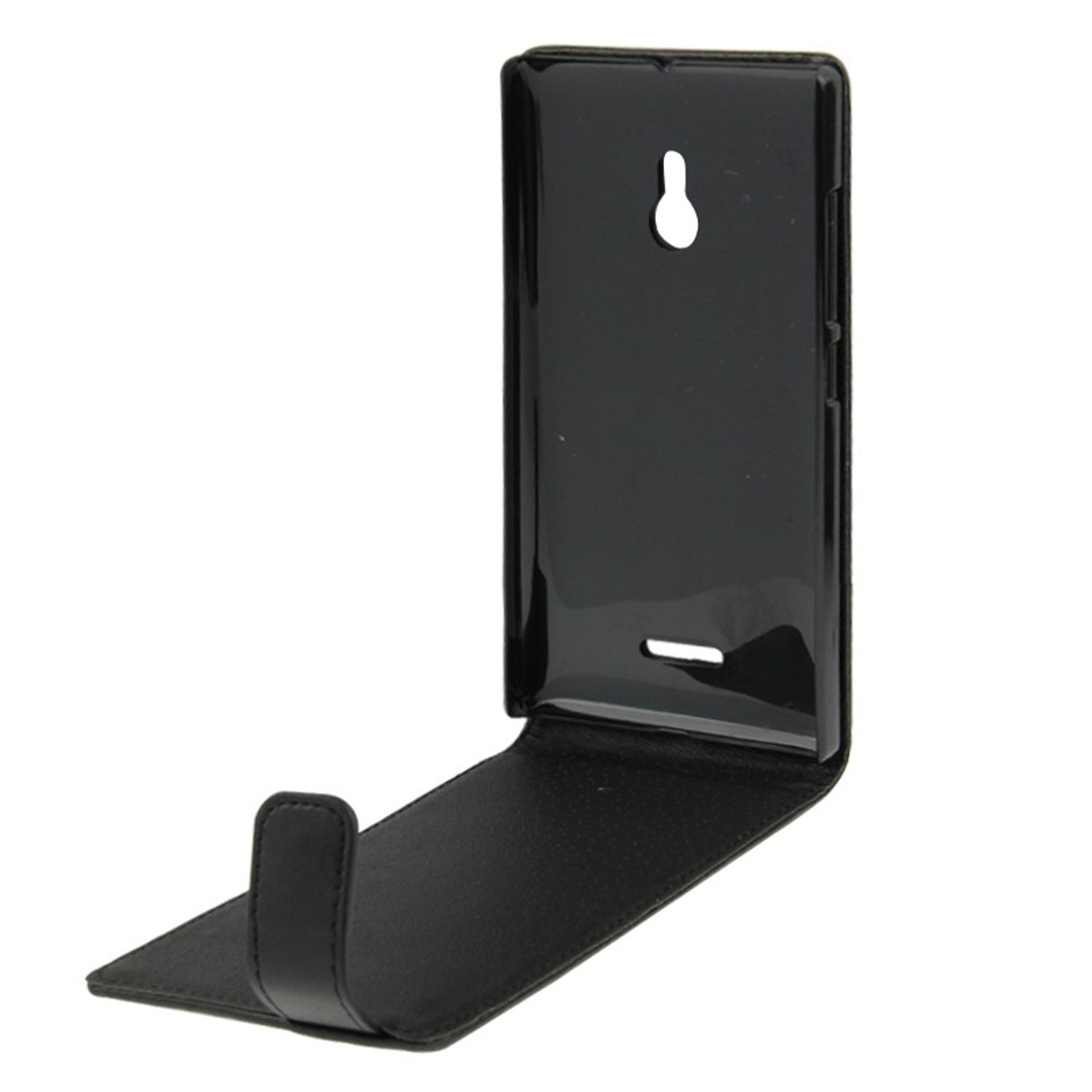 Eine schwarze Handyhülle in einer Aufstellposition.
