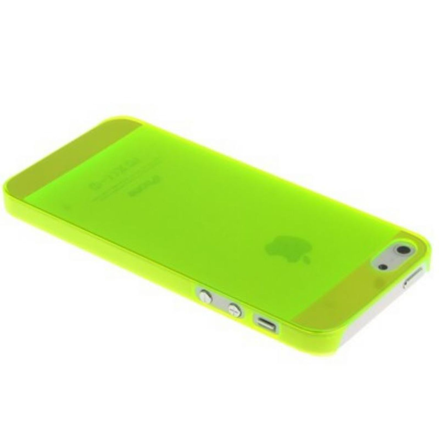 Eine grüne Handyhülle auf Weiß. Das Telefon hat gelbe Seiten.