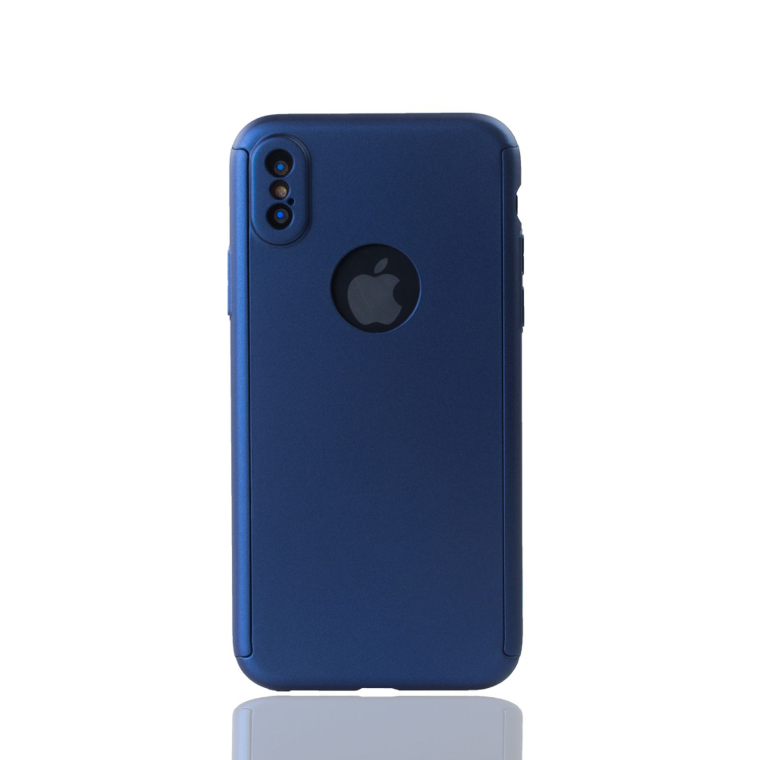 Marineblaue Handyhülle mit Apple-Logo. Weißer Hintergrund mit Reflexion.