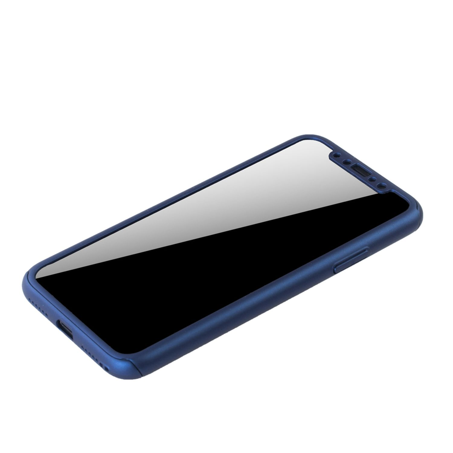 Eine blaue Handyhülle mit Displayschutz, angewinkelt, zeigt das Display und das Design des Telefons.