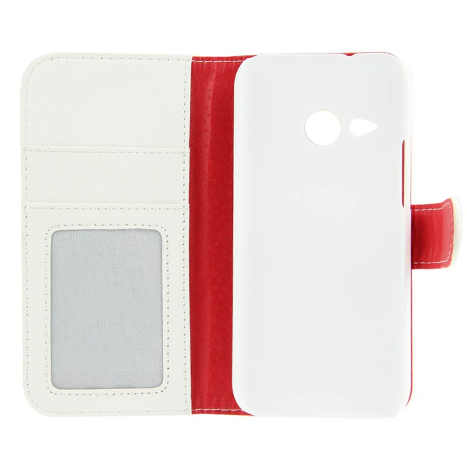 Geöffnete Handyhülle mit roten und weißen Farben. Ein weißes Telefon befindet sich in der Hülle.