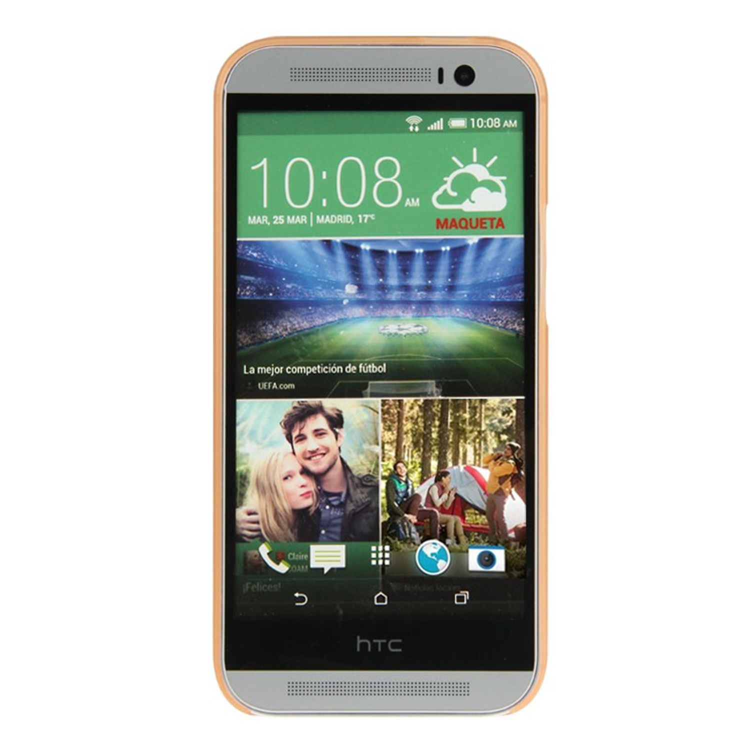 Smartphone mit Zeit, Wetter und Foto auf weißem Hintergrund.