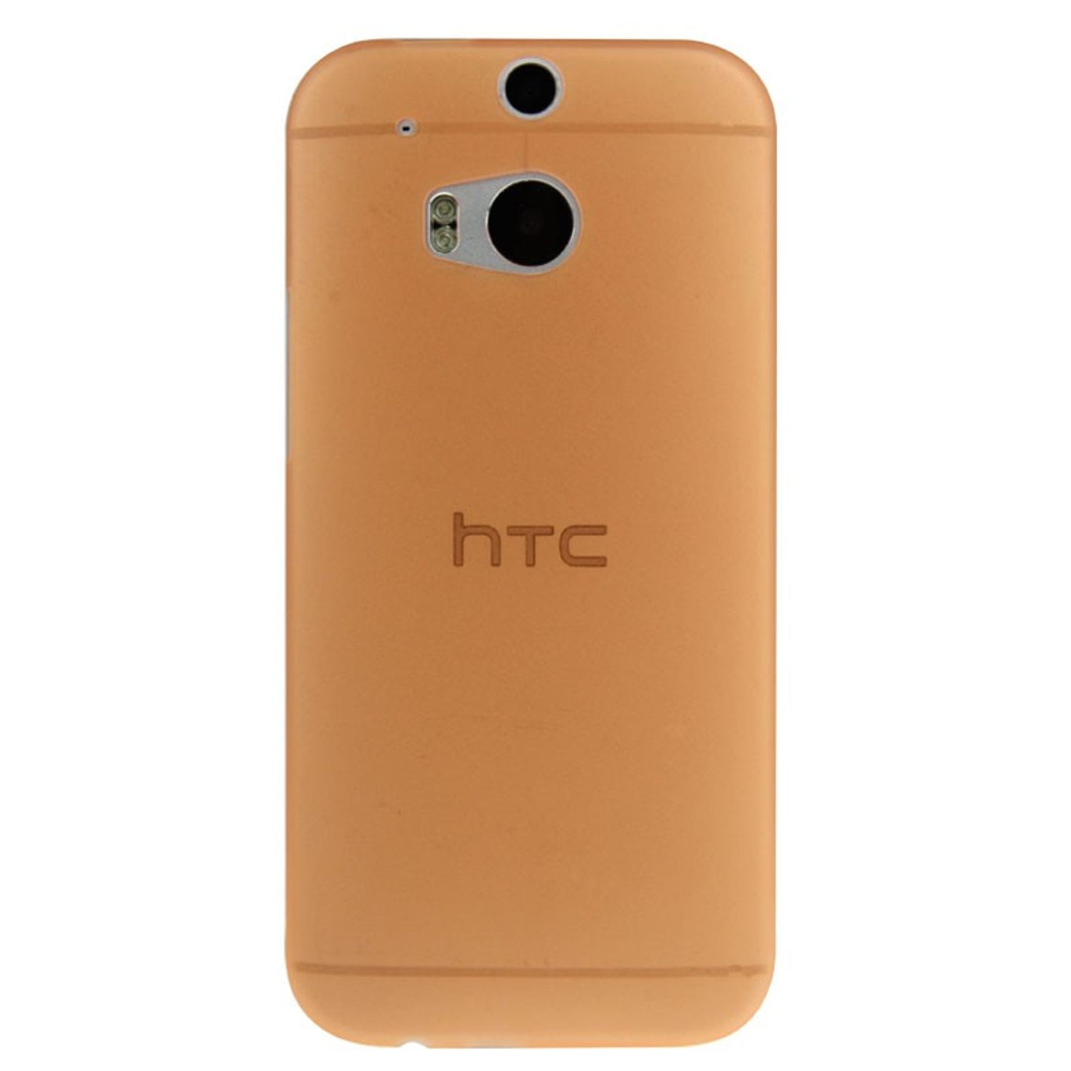 Orangefarbene Handyhülle. Die Hülle hat das HTC-Logo und die Kamera. Weißer Hintergrund.