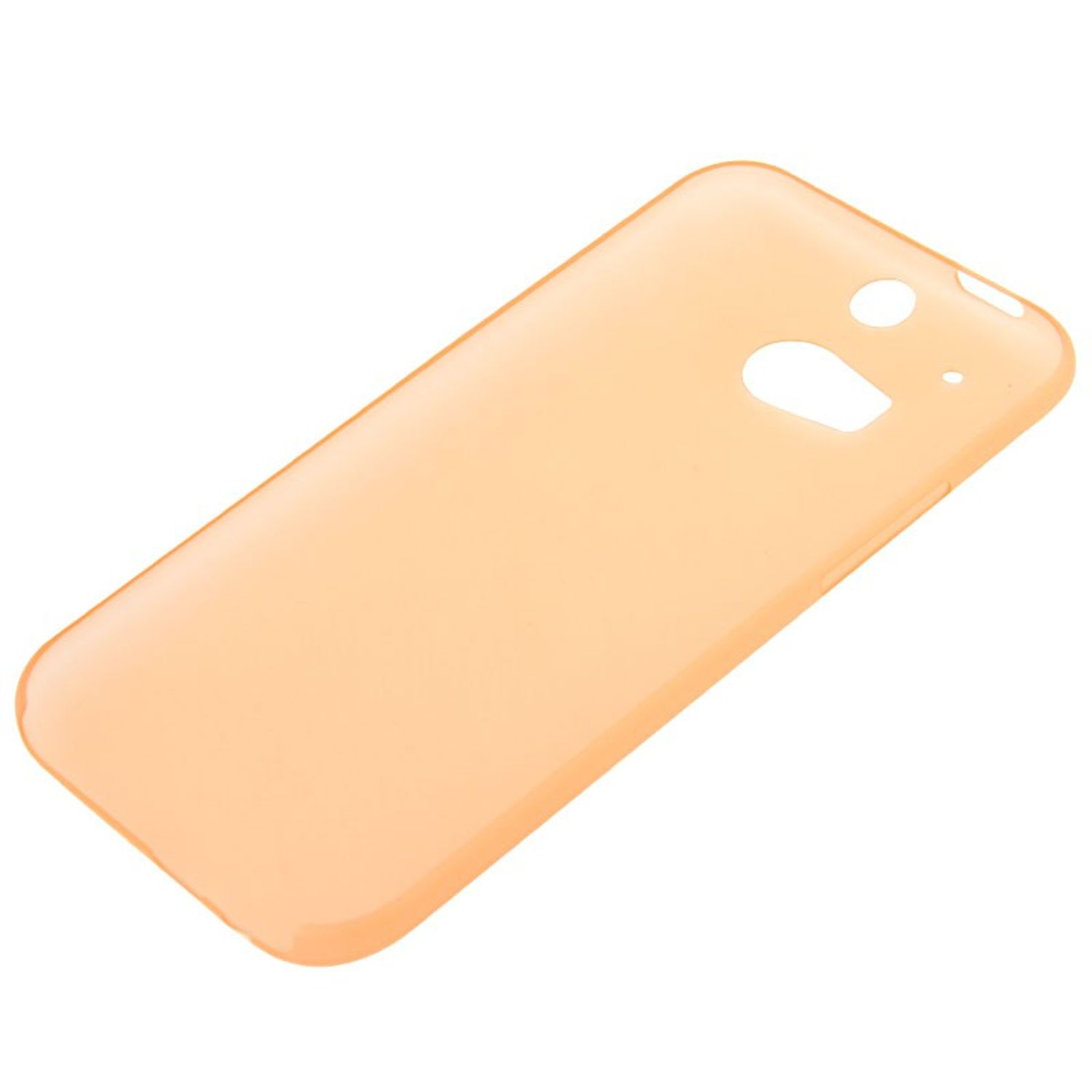 Orange Handyhülle mit Aussparungen, auf weißem Hintergrund. Winkelansicht.