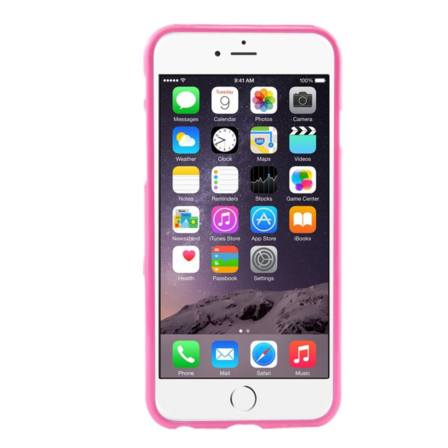Weißes iPhone mit rosa Hülle, zeigt den Homescreen mit App-Symbolen.