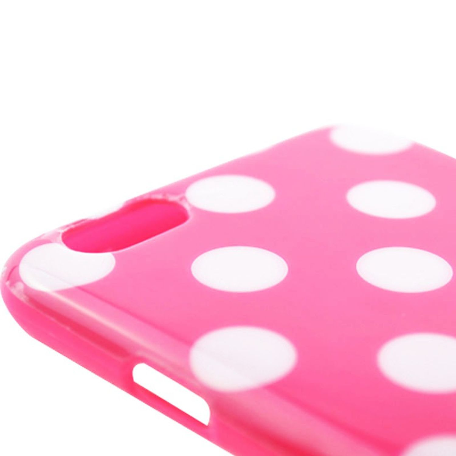 Nahaufnahme einer pinken Handyhülle mit weißen Polka-Dots, weißer Hintergrund.
