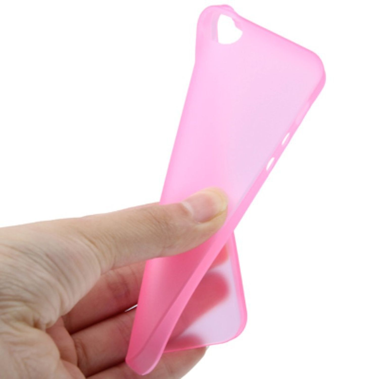 Eine Hand hält eine rosa Handyhülle. Der Hintergrund ist weiß.